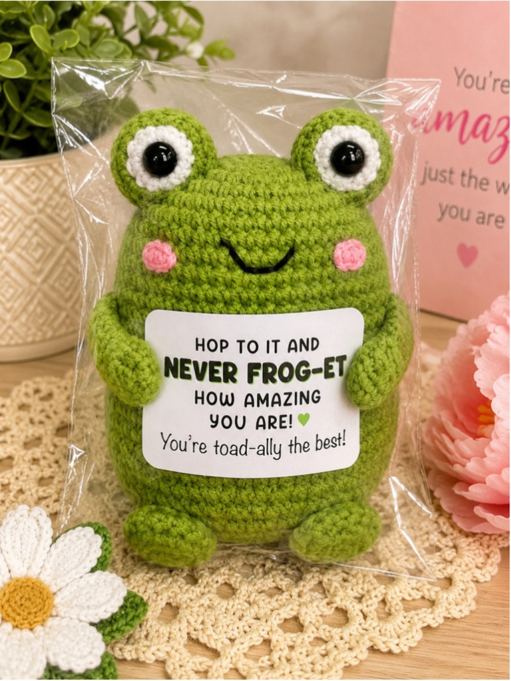 Handmade Crochet Frog Plush | Inspirational Amigurumi Gift | Positive Keepsake